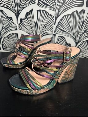 Zara Teal Metallic Multi-Strap Heeled Sandals